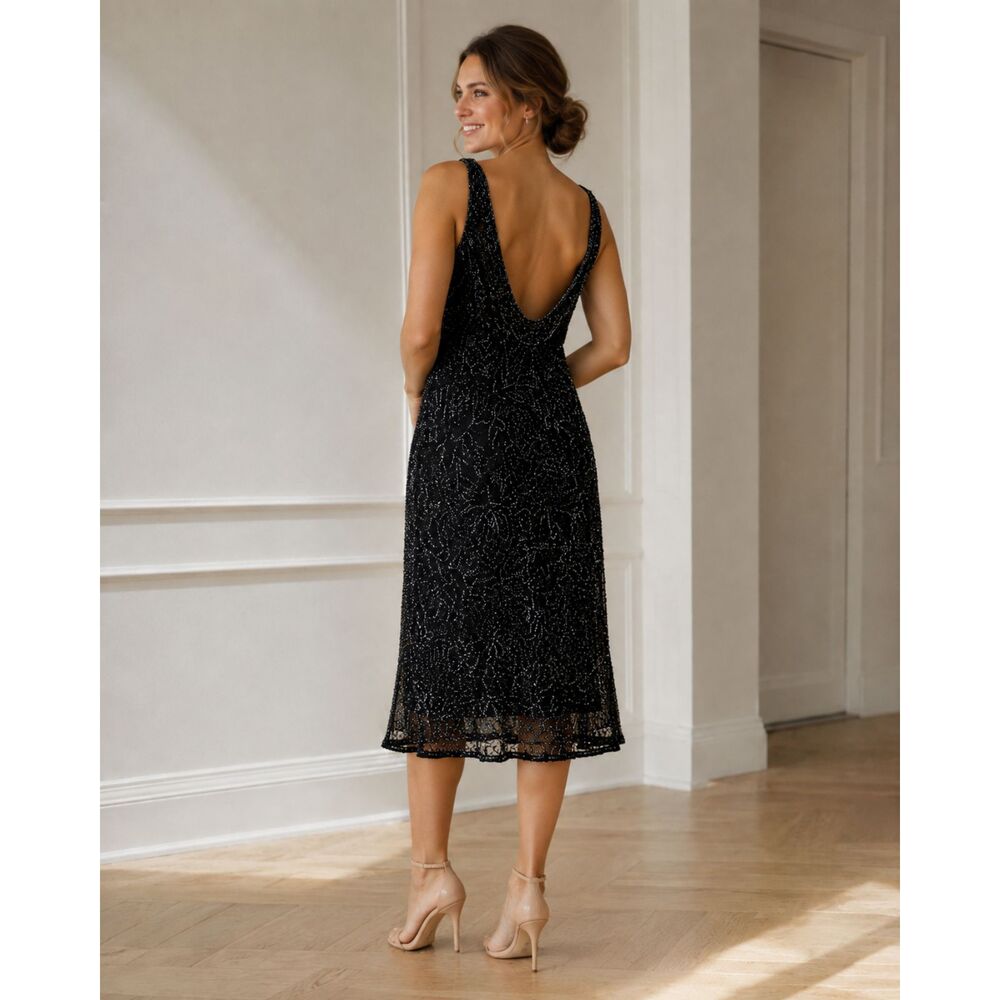 Vtg Scala Silk Dress M Beaded Sheath Open Back Art Deco Gatsby Cocktail Black